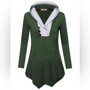 Miusey Green Hooded Tunic with Gray Accents Kangaroo Pocket Asymmetrical Sz 2XL